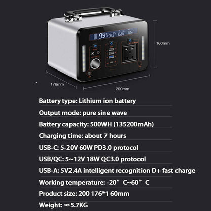NOALED Lithium-Batterie-Solargenerator 500 WH/135200 mAh Sinuswelle 220 V Ausgang, AC/USB/Autoladegerät-Ausgang, LCD-Digitalanzeige, geeignet für Notfälle
